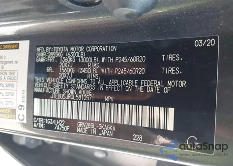 2020 Toyota 4Runner Nightshade Special Edition from USA, damaged, VIN JTEBU5JR0L5812571